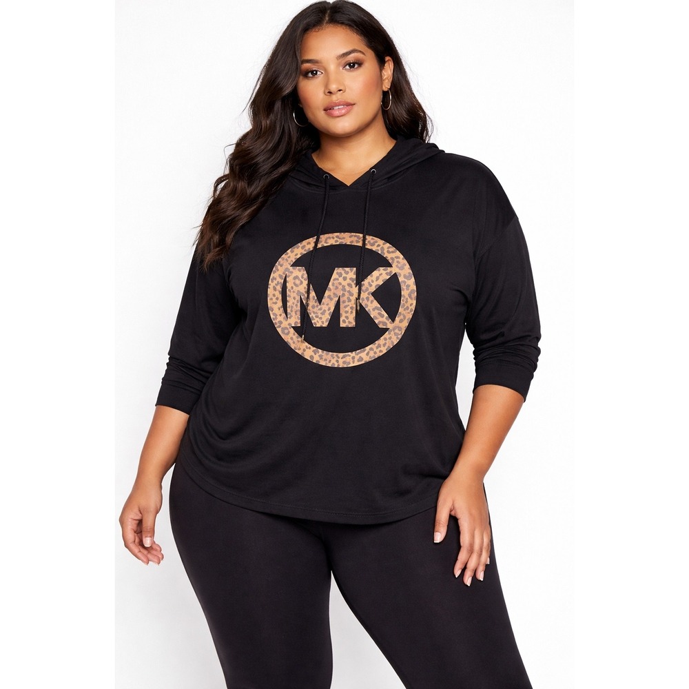 Michael Kors‎ MK Leopard Logo Hoodie Black Lightweight Top 1X Plus Size